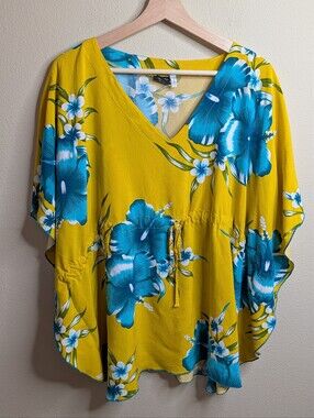 Aloha Fashion Hawaiian Kaftan Top One Size Yellow Hibiscus Floral Drawstring